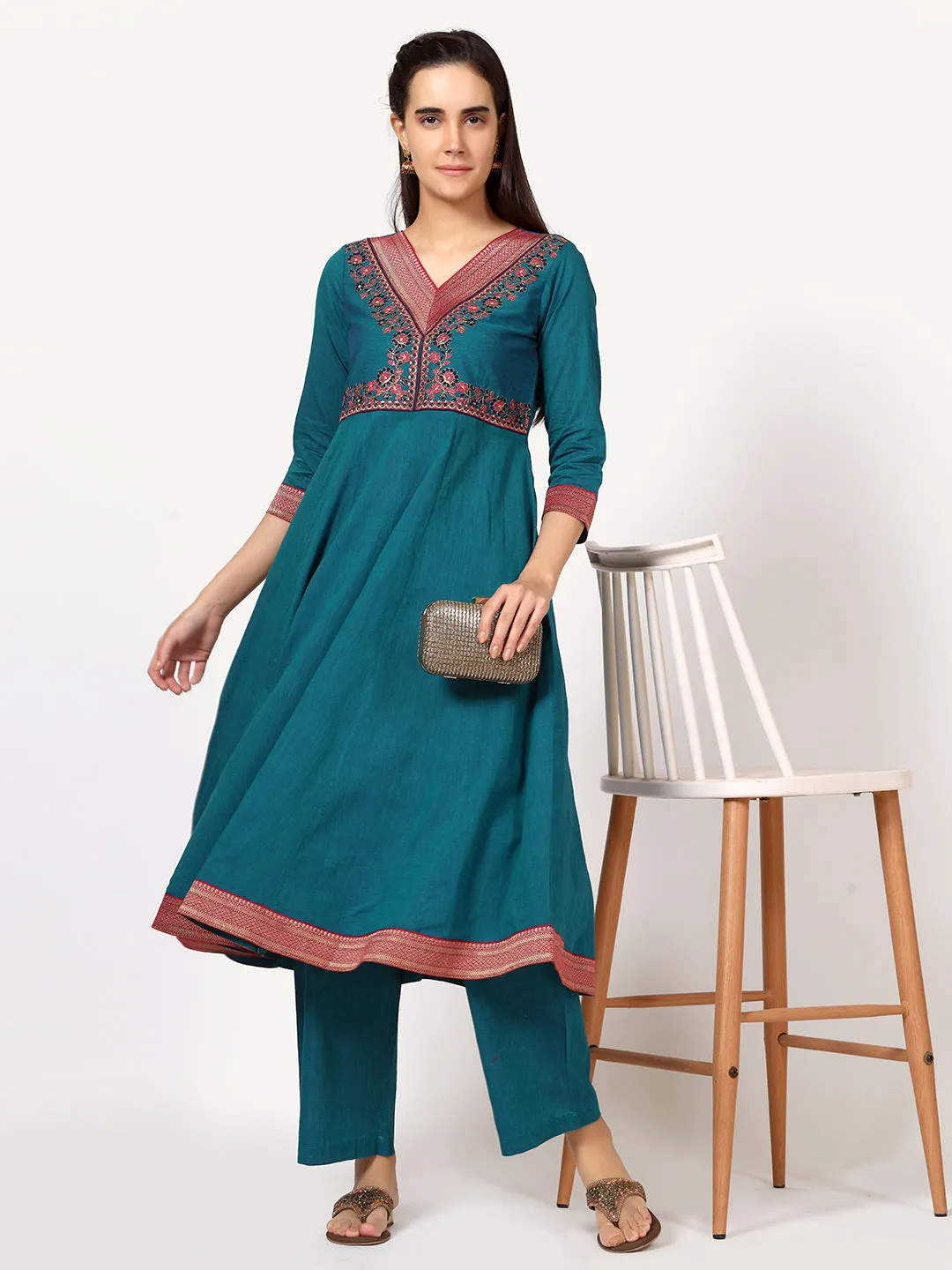 Blue Cotton Embroidered Kurta Set with Brocade Lace and Neck Embroidery