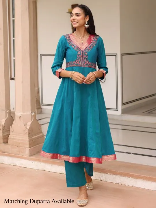 Blue Cotton Embroidered Kurta Set with Brocade Lace and Neck Embroidery