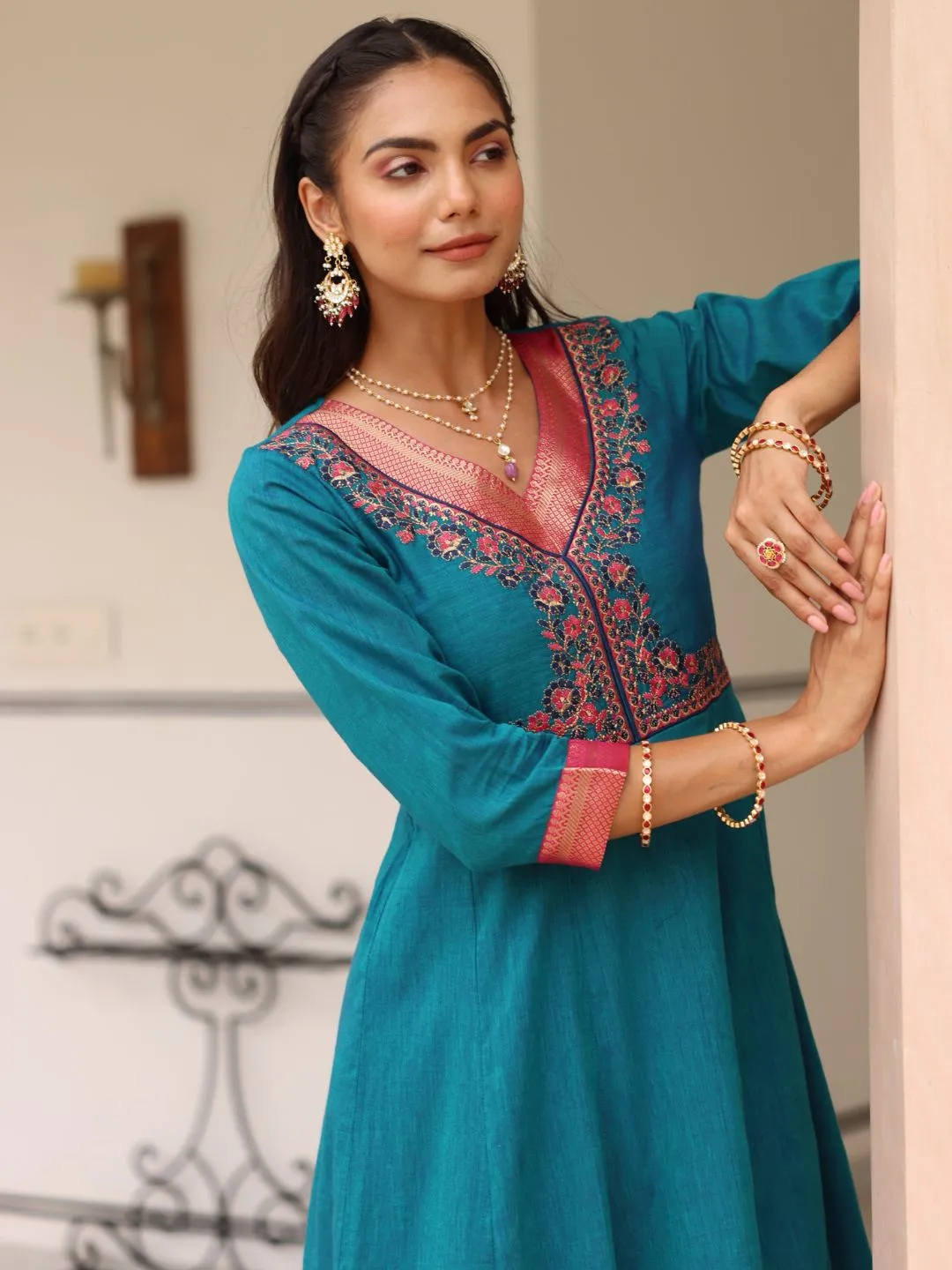 Blue Cotton Embroidered Kurta Set with Brocade Lace and Neck Embroidery