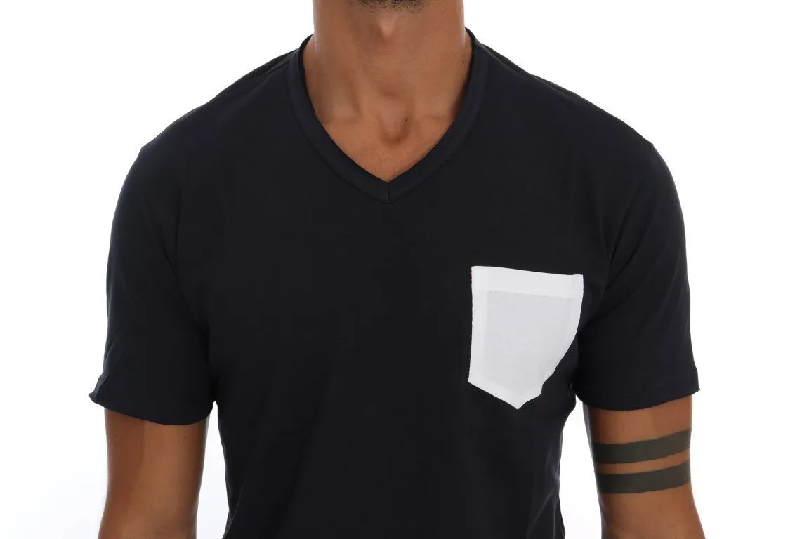 Blue Cotton V-neck T-Shirt