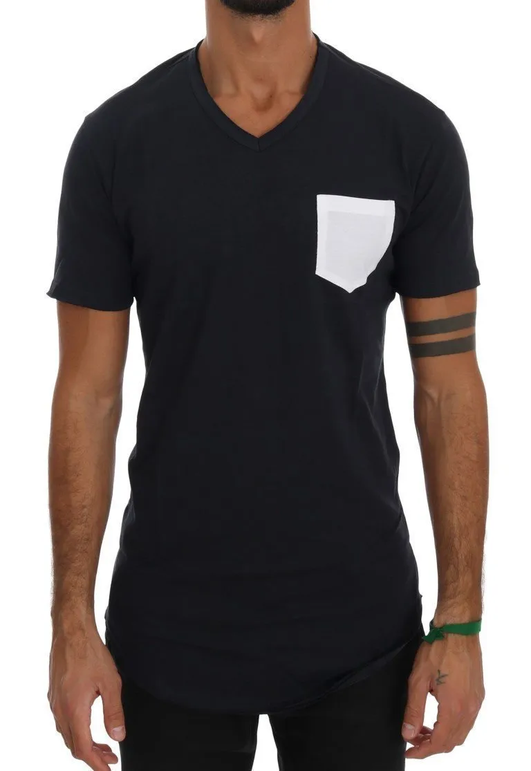 Blue Cotton V-neck T-Shirt