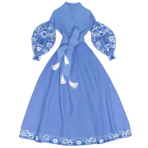 Blue embroidered wrap dress