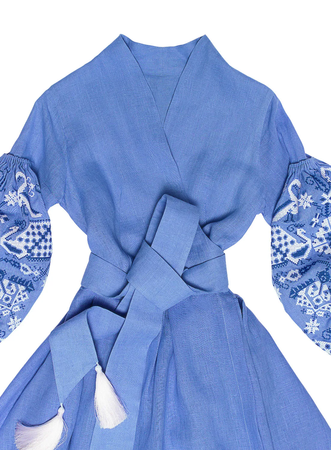 Blue embroidered wrap dress
