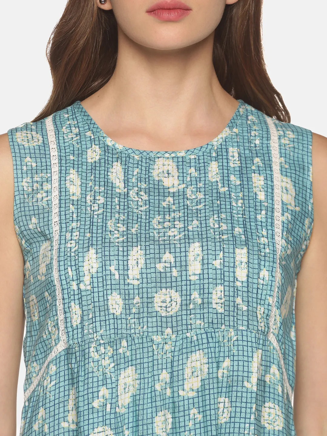 Blue Floral Printed Top with Pleats & Lace Inserts on Front Yoke