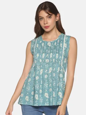 Blue Floral Printed Top with Pleats & Lace Inserts on Front Yoke