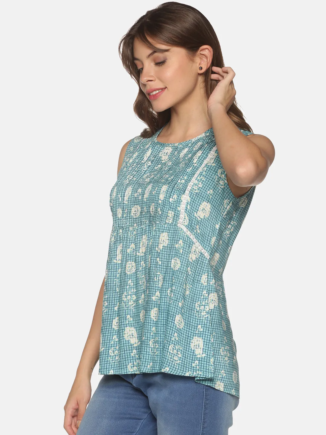 Blue Floral Printed Top with Pleats & Lace Inserts on Front Yoke
