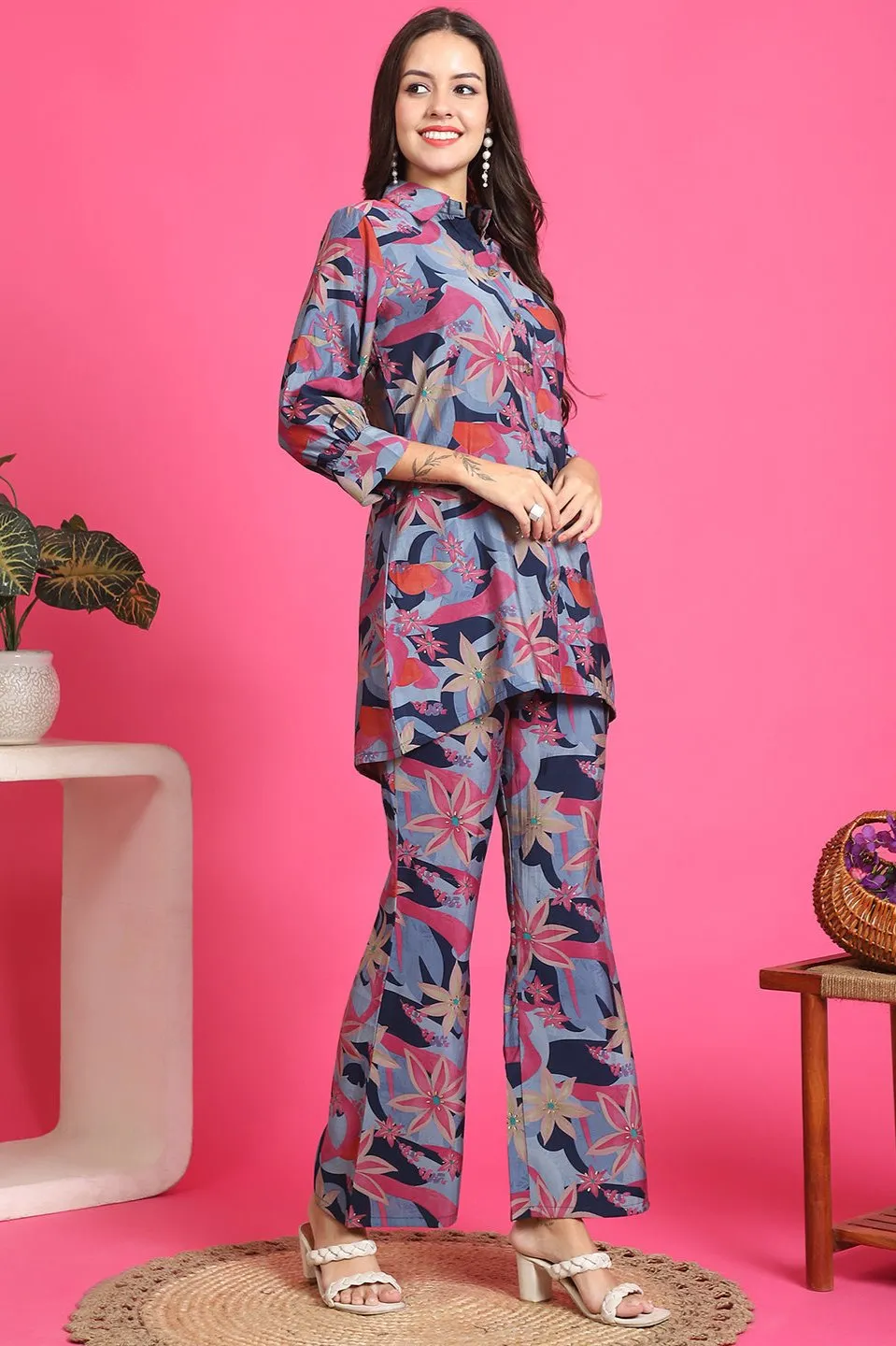 Blue Floral Printed Tunic & Trousers Co-Ord Set for Women | S-3XL | Claura