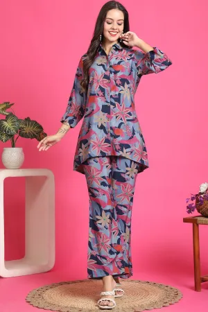 Blue Floral Printed Tunic & Trousers Co-Ord Set for Women | S-3XL | Claura