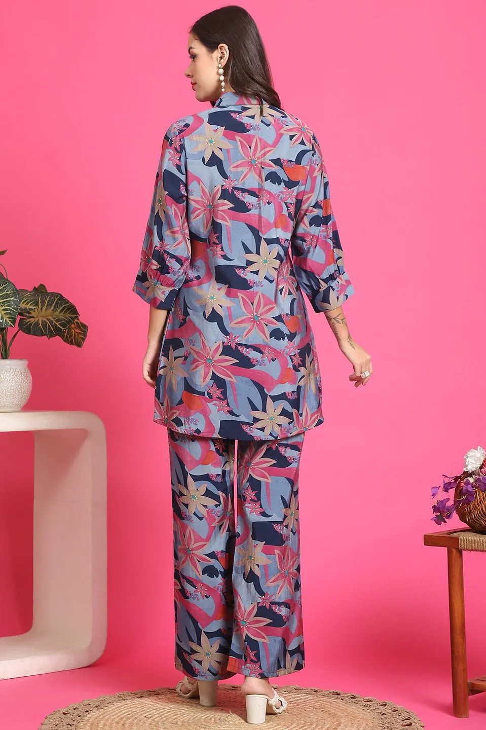 Blue Floral Printed Tunic & Trousers Co-Ord Set for Women | S-3XL | Claura
