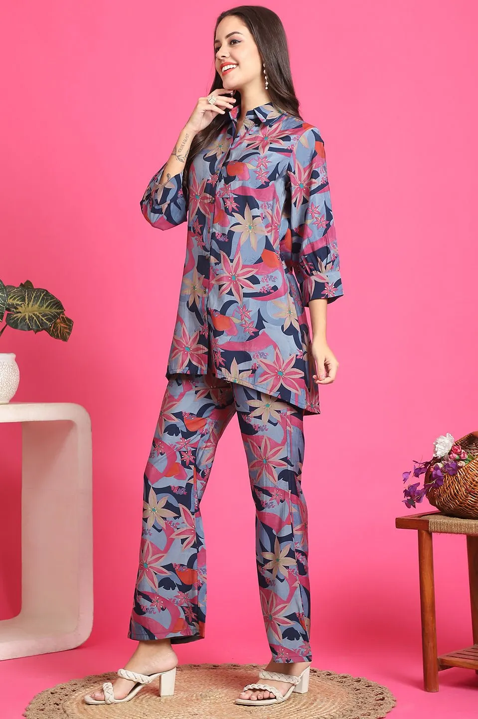 Blue Floral Printed Tunic & Trousers Co-Ord Set for Women | S-3XL | Claura