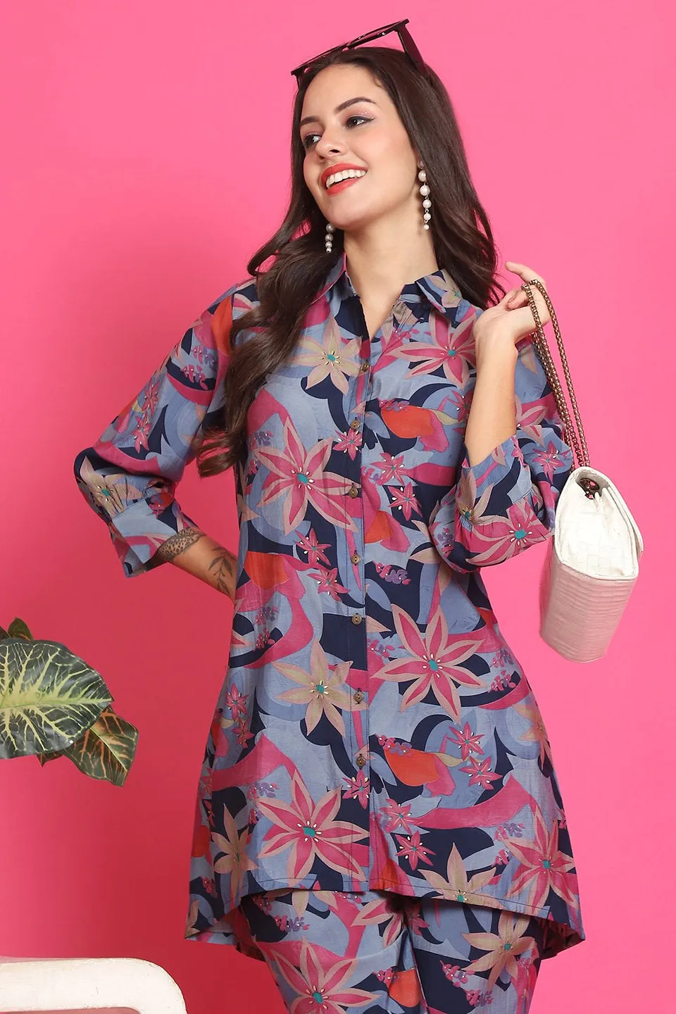 Blue Floral Printed Tunic & Trousers Co-Ord Set for Women | S-3XL | Claura