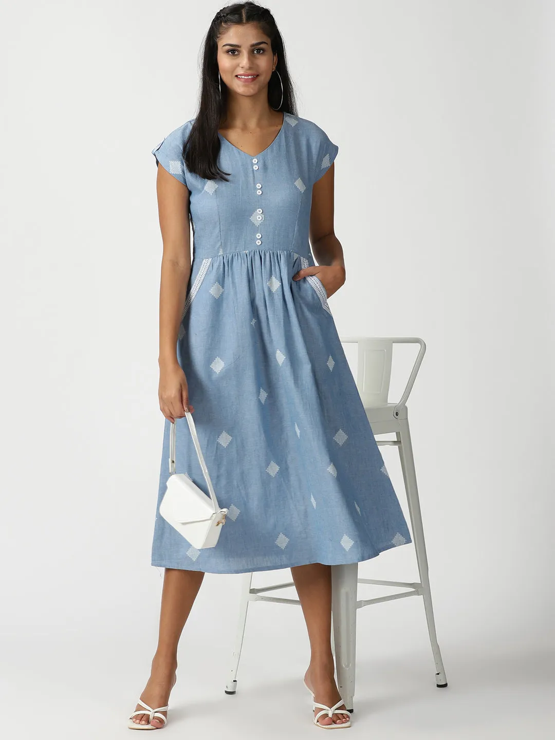 Blue Geometric Woven Design Midi Dress with Embroidered Pockets