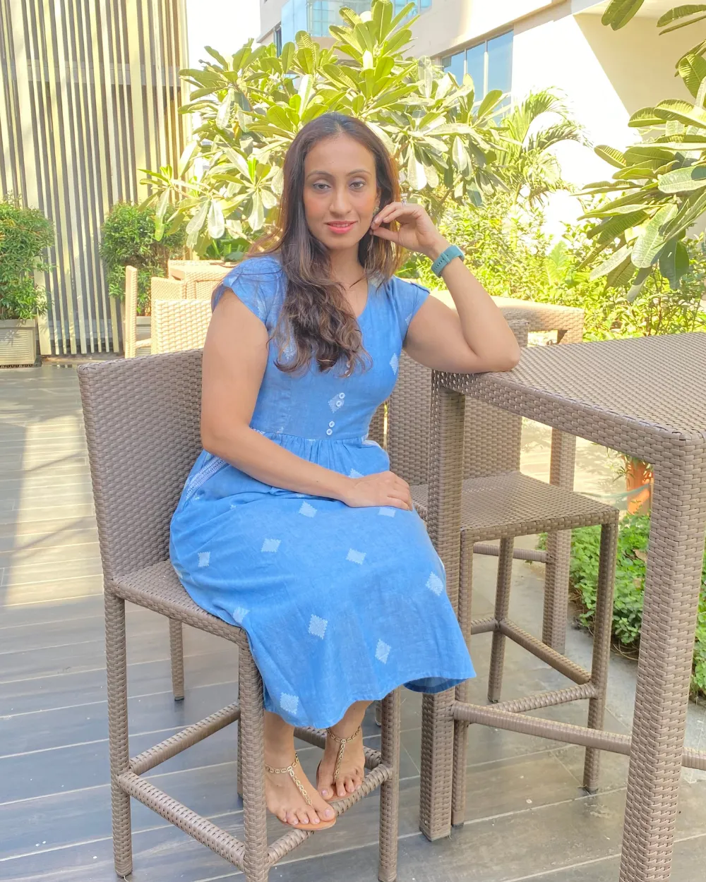 Blue Geometric Woven Design Midi Dress with Embroidered Pockets
