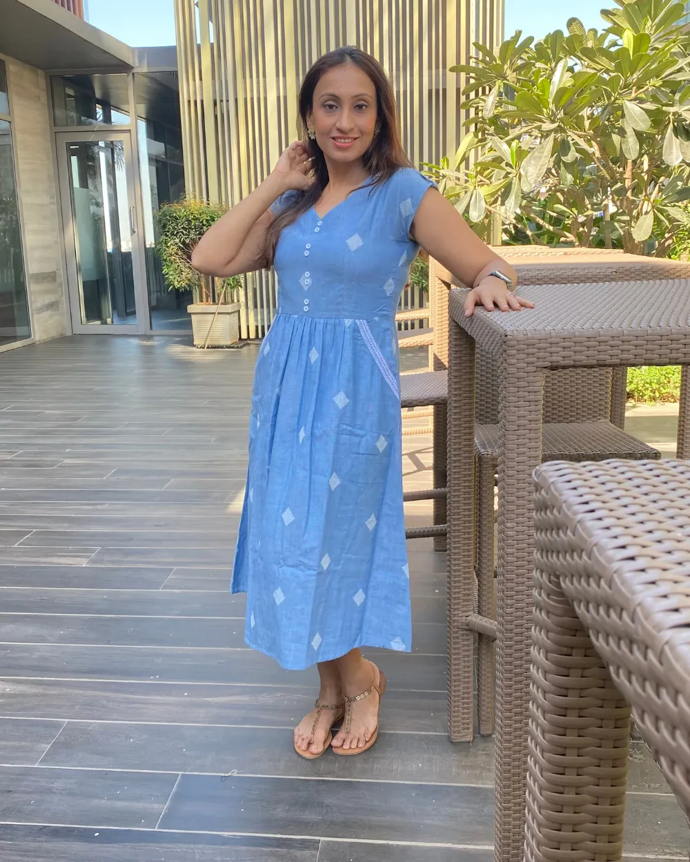 Blue Geometric Woven Design Midi Dress with Embroidered Pockets
