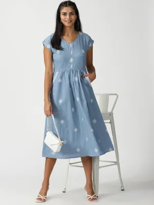 Blue Geometric Woven Design Midi Dress with Embroidered Pockets