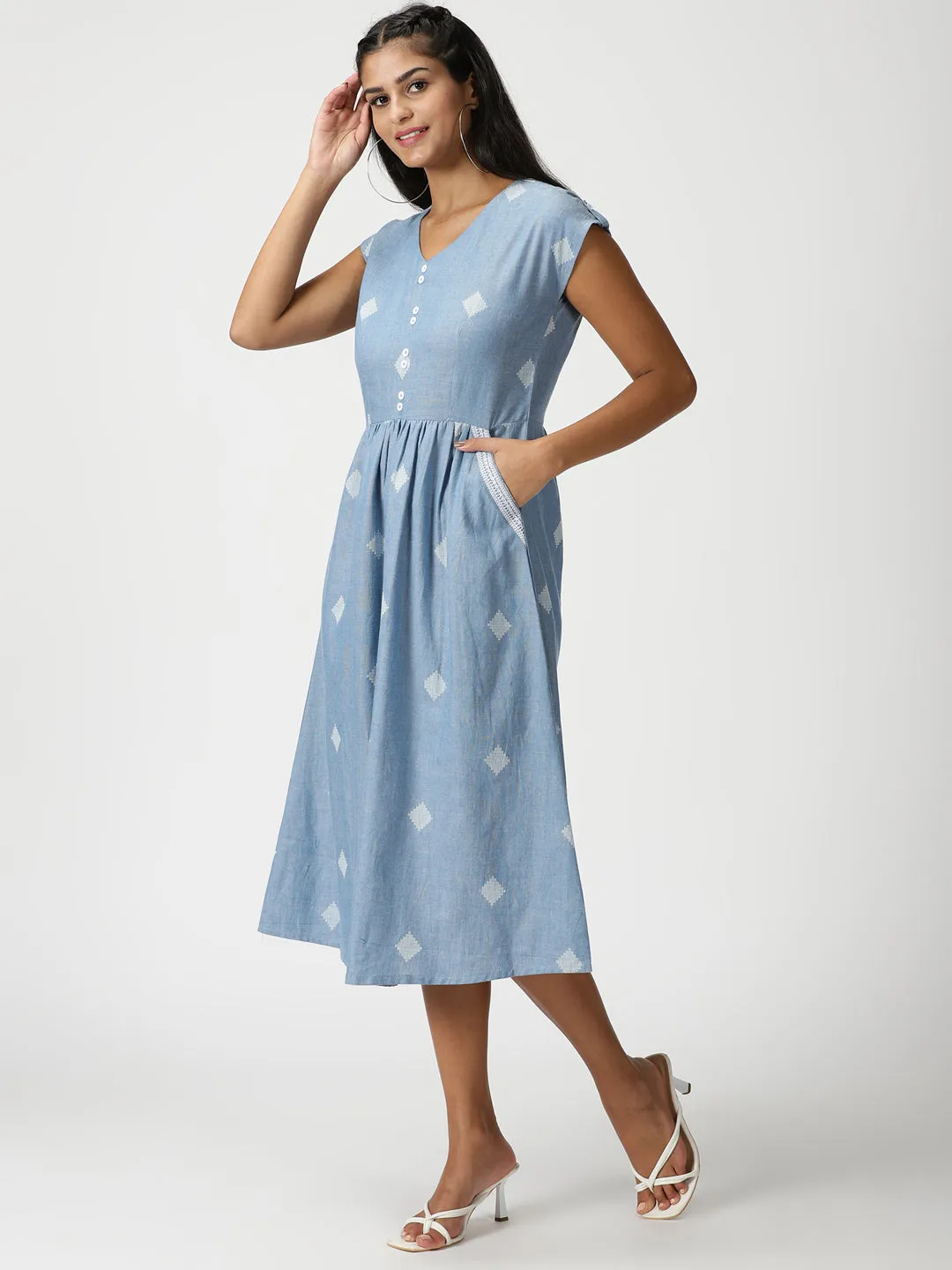 Blue Geometric Woven Design Midi Dress with Embroidered Pockets
