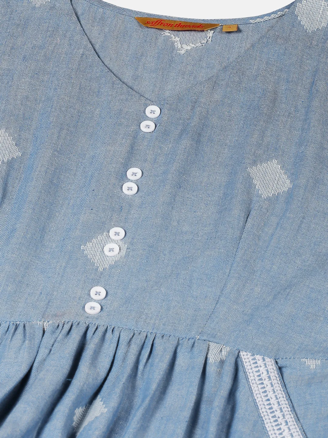 Blue Geometric Woven Design Midi Dress with Embroidered Pockets