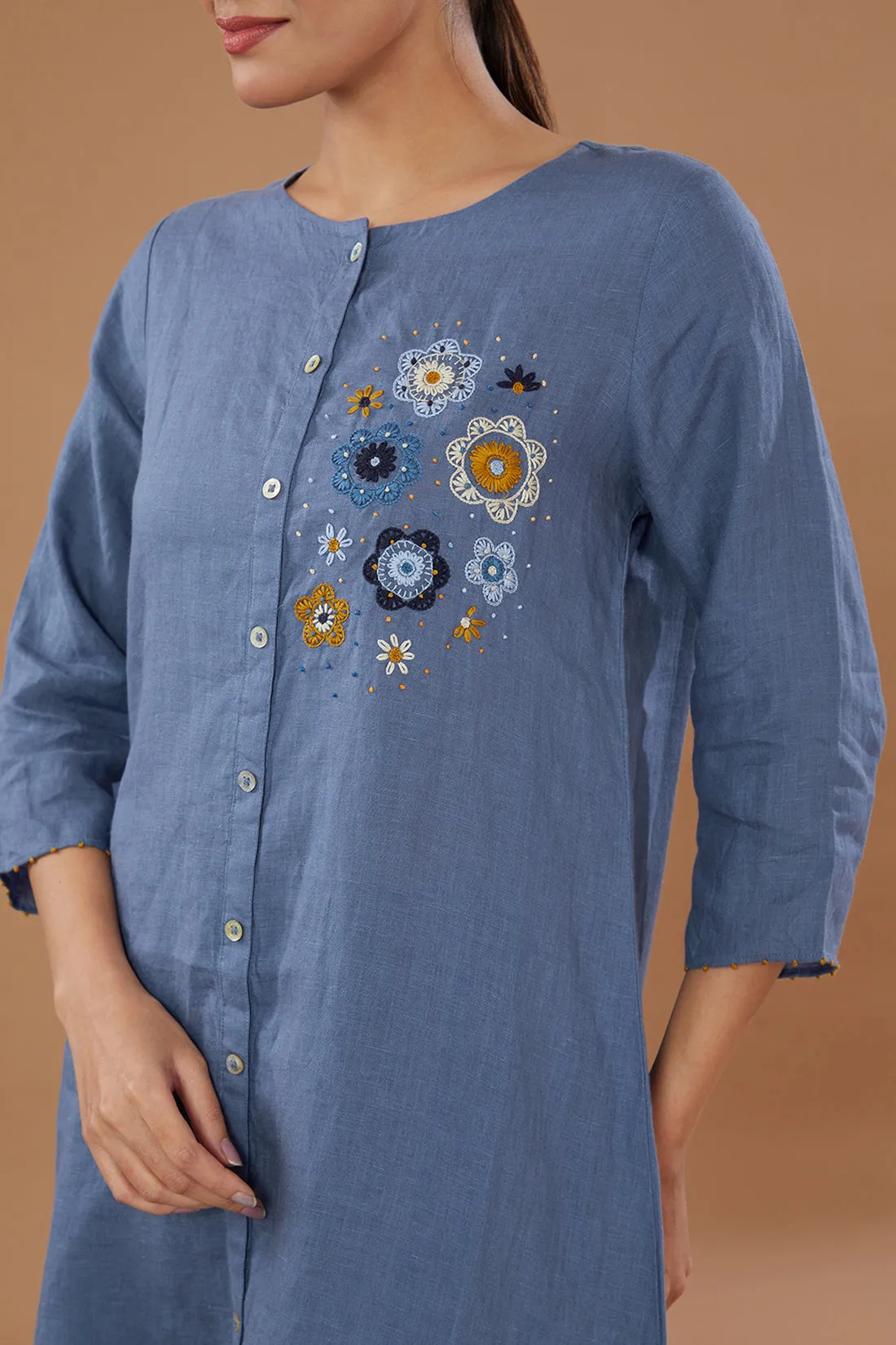 Blue Pure Linen Embroidery Tunic