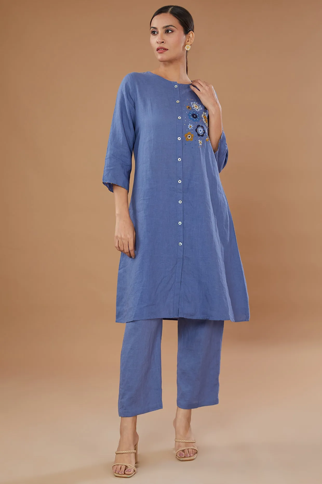 Blue Pure Linen Embroidery Tunic