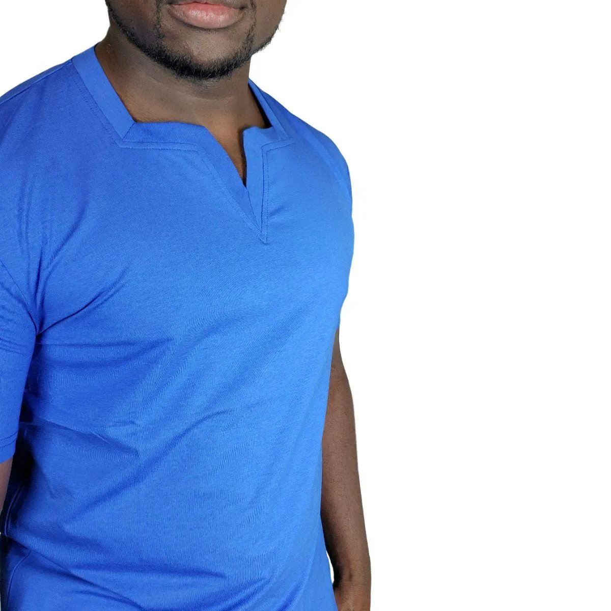 Blue Short Sleeves Square v-neck T shirt for Men