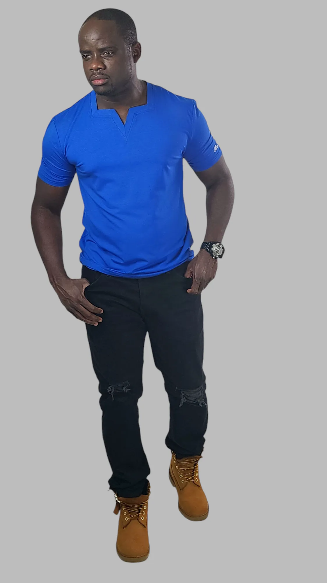 Blue Short Sleeves Square v-neck T shirt for Men
