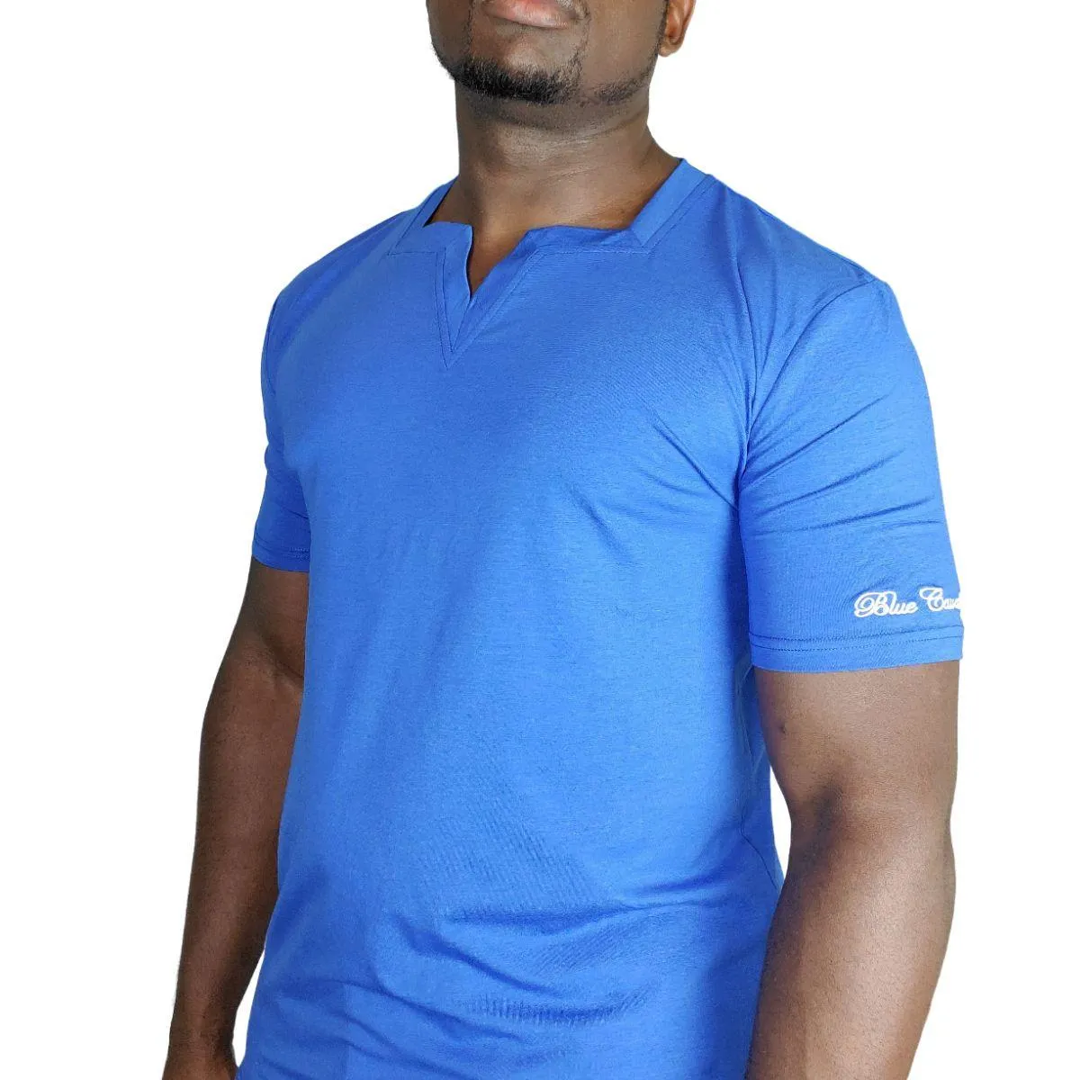 Blue Short Sleeves Square v-neck T shirt for Men