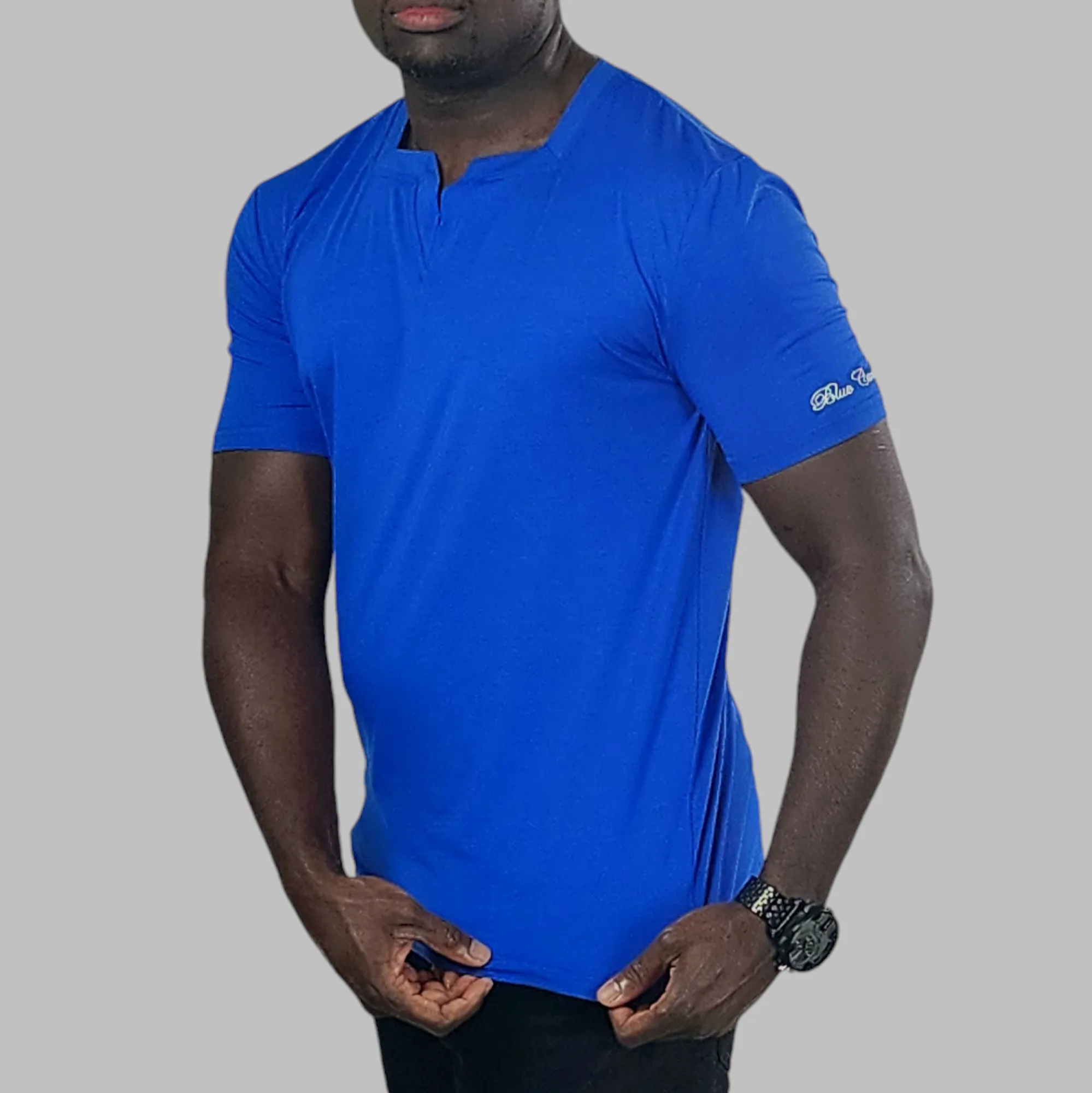 Blue Short Sleeves Square v-neck T shirt for Men