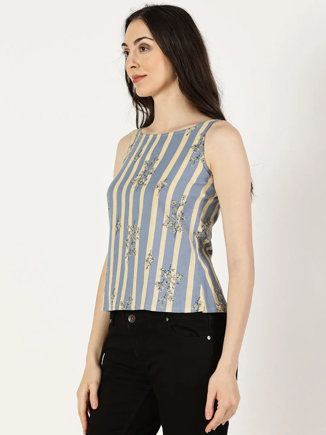 Blue Striped Top with Floral Print