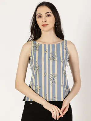 Blue Striped Top with Floral Print