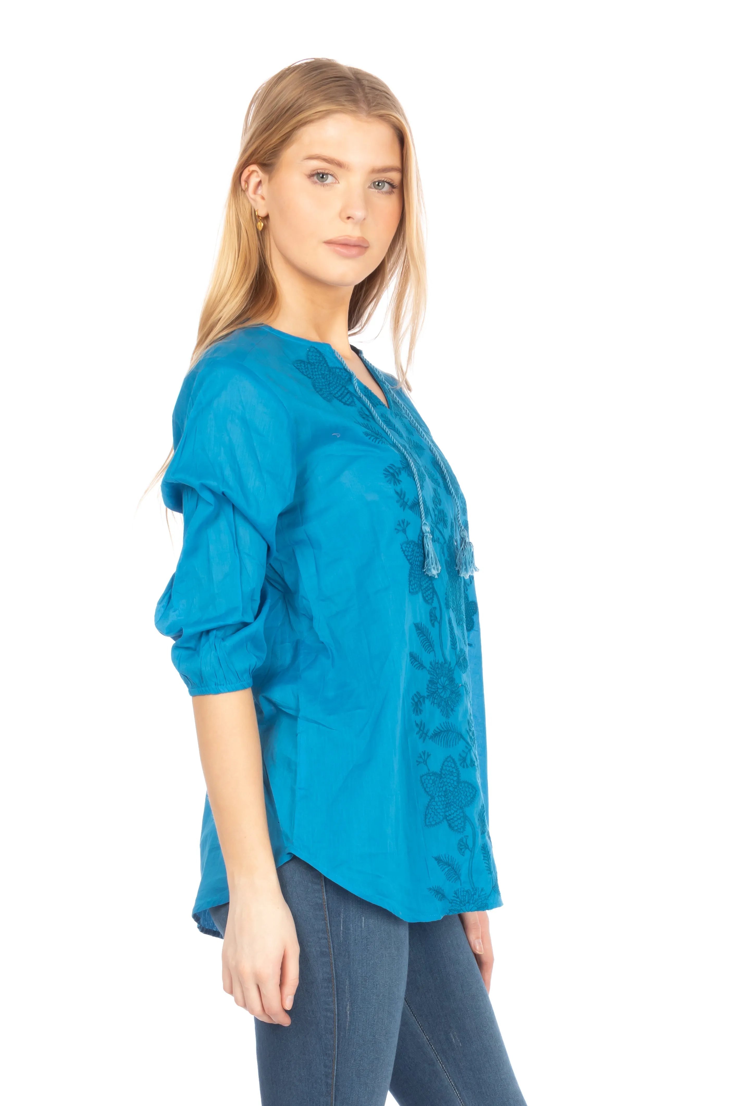 Blue Tunic with Floral Embroidery and Drawstrings