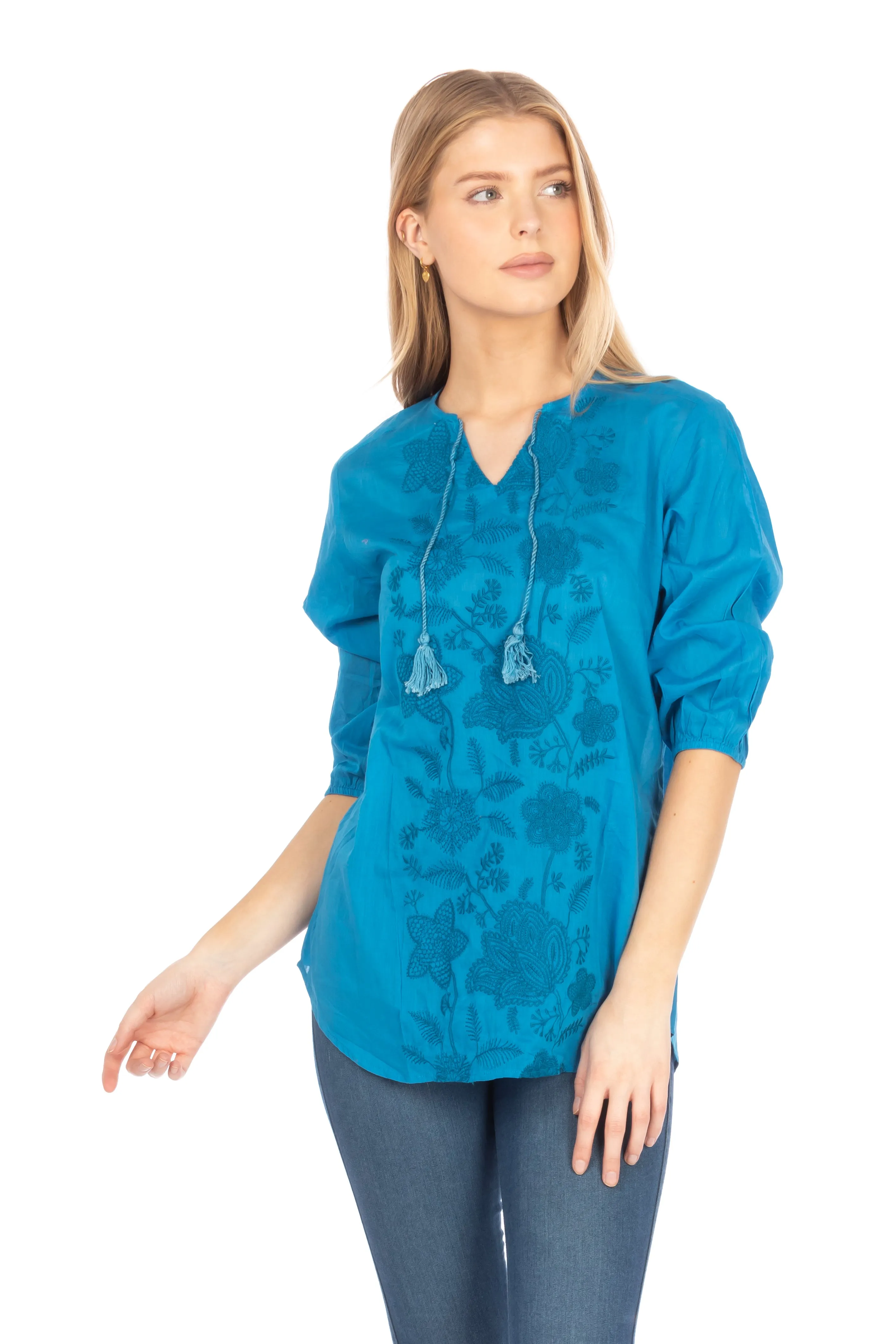 Blue Tunic with Floral Embroidery and Drawstrings