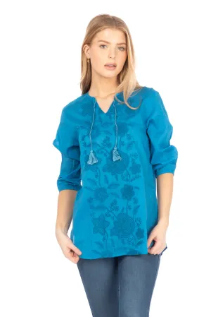 Blue Tunic with Floral Embroidery and Drawstrings