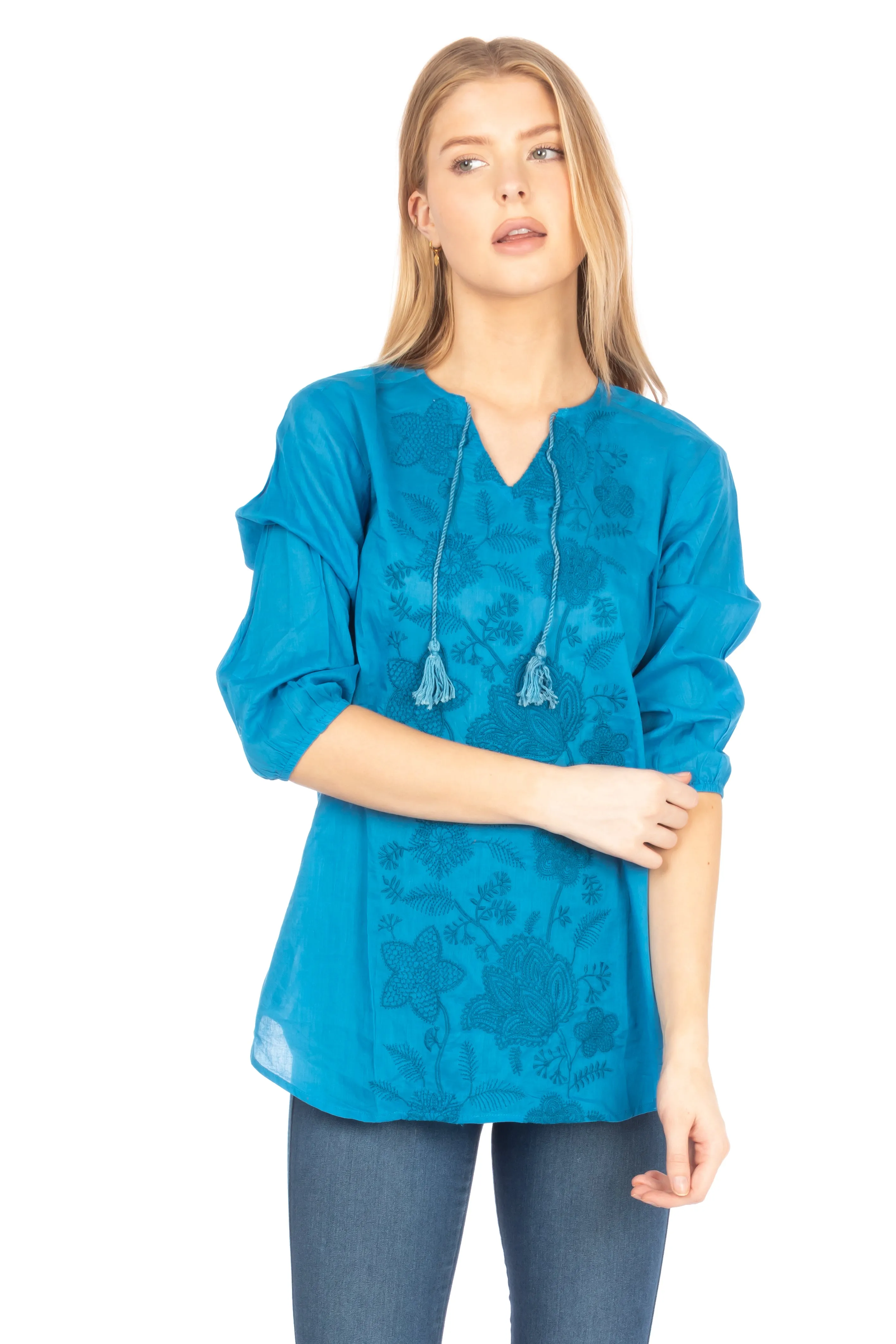 Blue Tunic with Floral Embroidery and Drawstrings