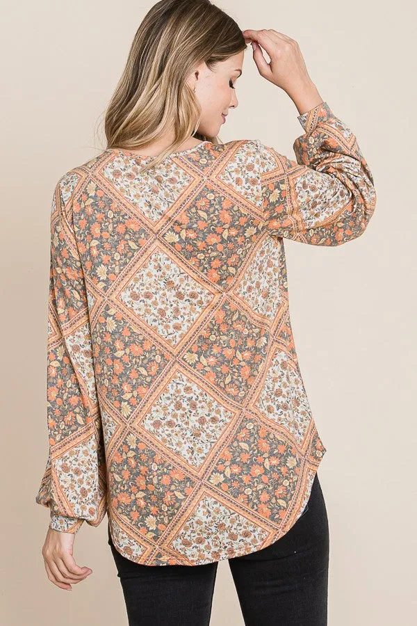 Bombom long sleeve Jacquard boho top Rust/cream TL1664A