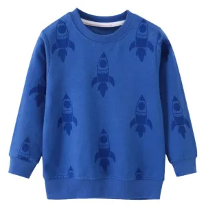 Boys Rocket Print Long Sleeve Cotton T-Shirt - Blue