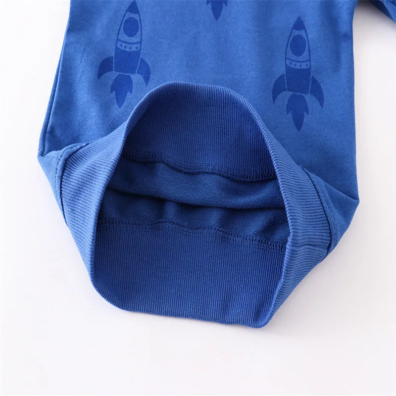 Boys Rocket Print Long Sleeve Cotton T-Shirt - Blue