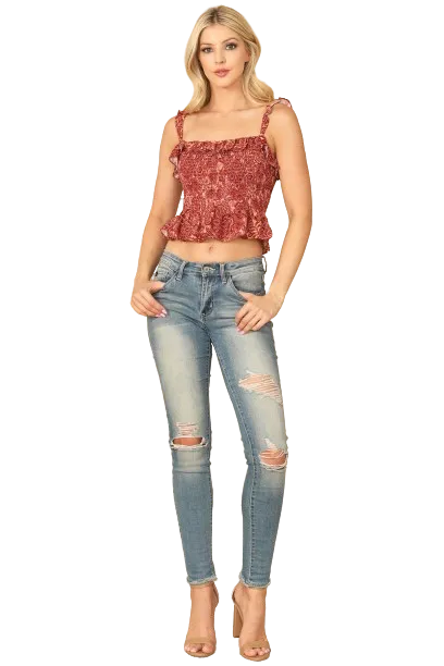 Brick Salmon Ruffle Detail Shirred Printed Top - Pack of 5