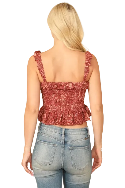 Brick Salmon Ruffle Detail Shirred Printed Top - Pack of 5