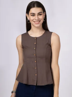 Brown Cotton Flax Panelled A-Line Top with Button-Down Placket