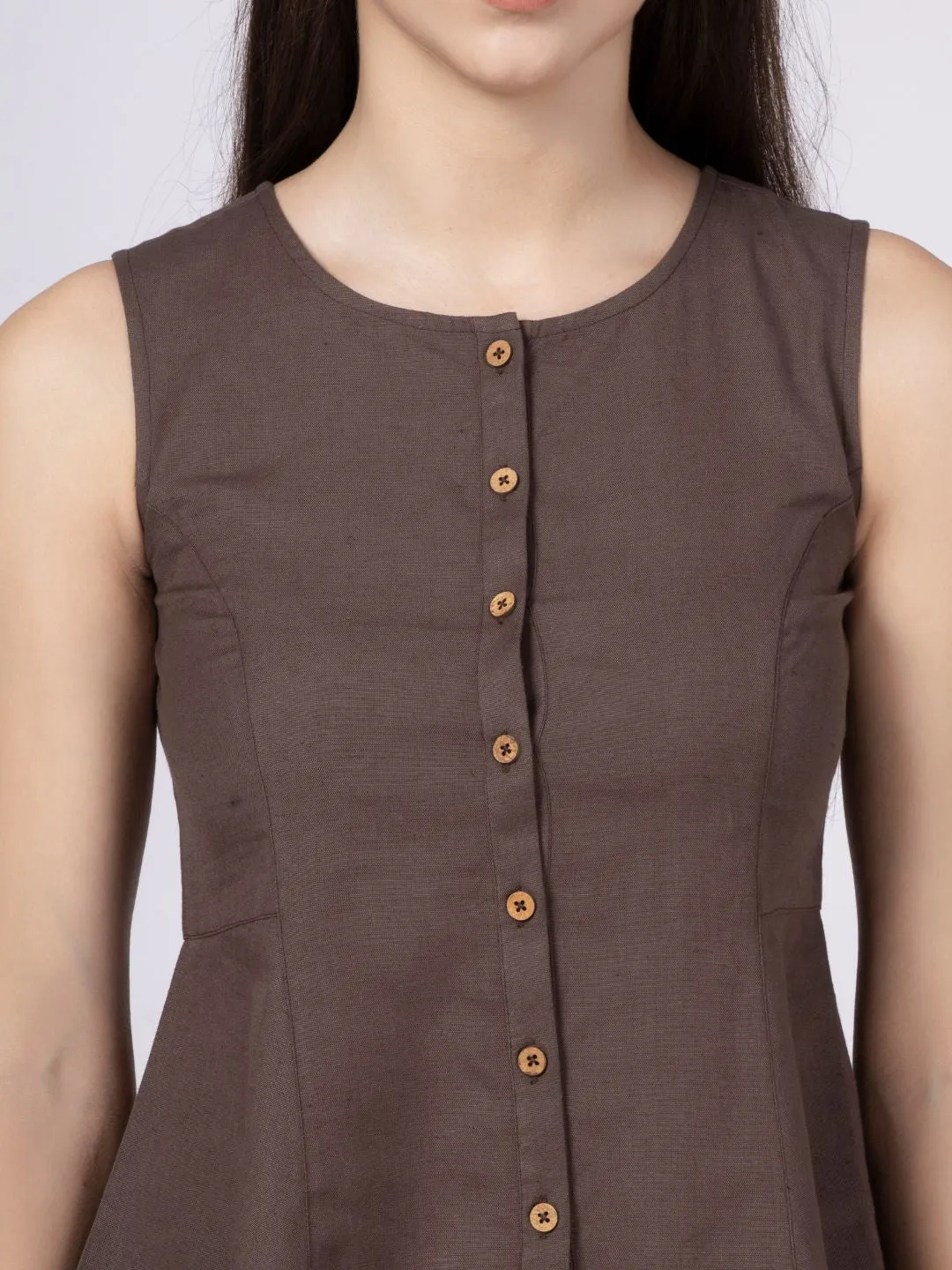 Brown Cotton Flax Panelled A-Line Top with Button-Down Placket