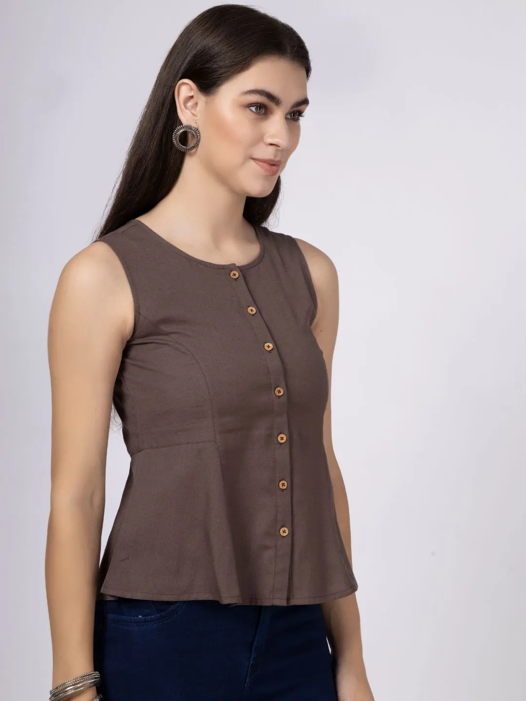 Brown Cotton Flax Panelled A-Line Top with Button-Down Placket