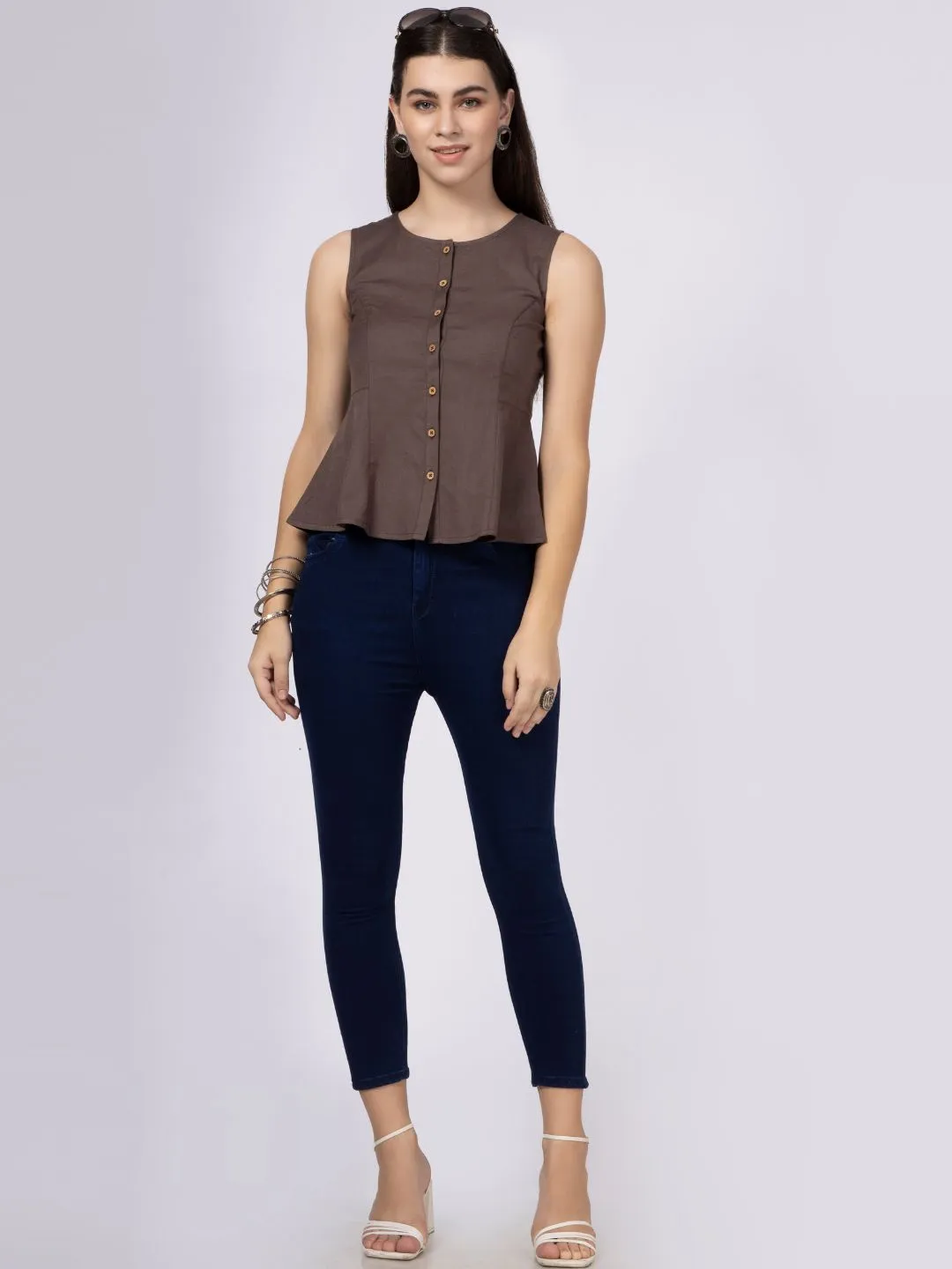 Brown Cotton Flax Panelled A-Line Top with Button-Down Placket