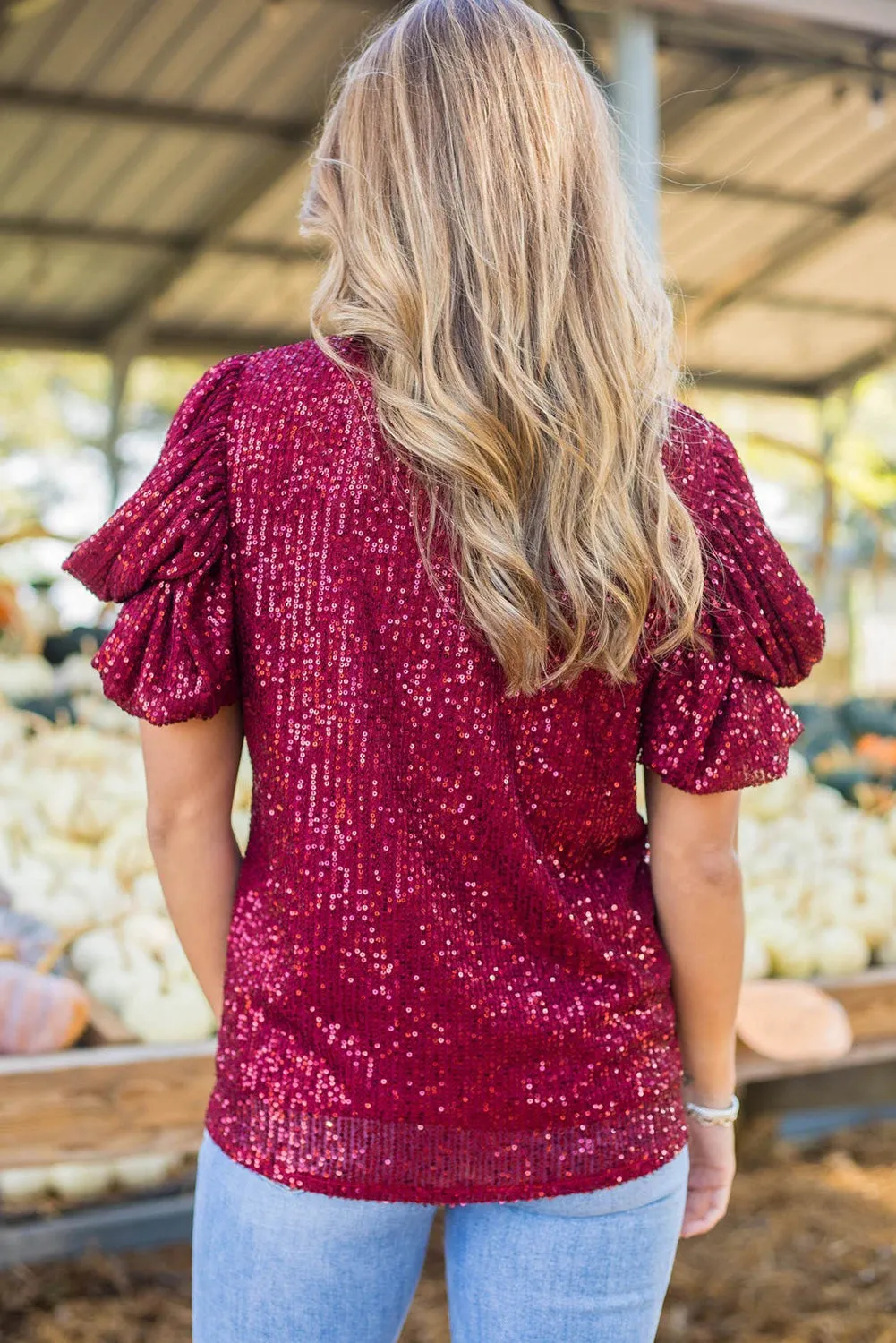 Burgundy Glittering Sequin Bubble Sleeve Blouse