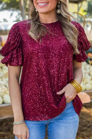 Burgundy Glittering Sequin Bubble Sleeve Blouse