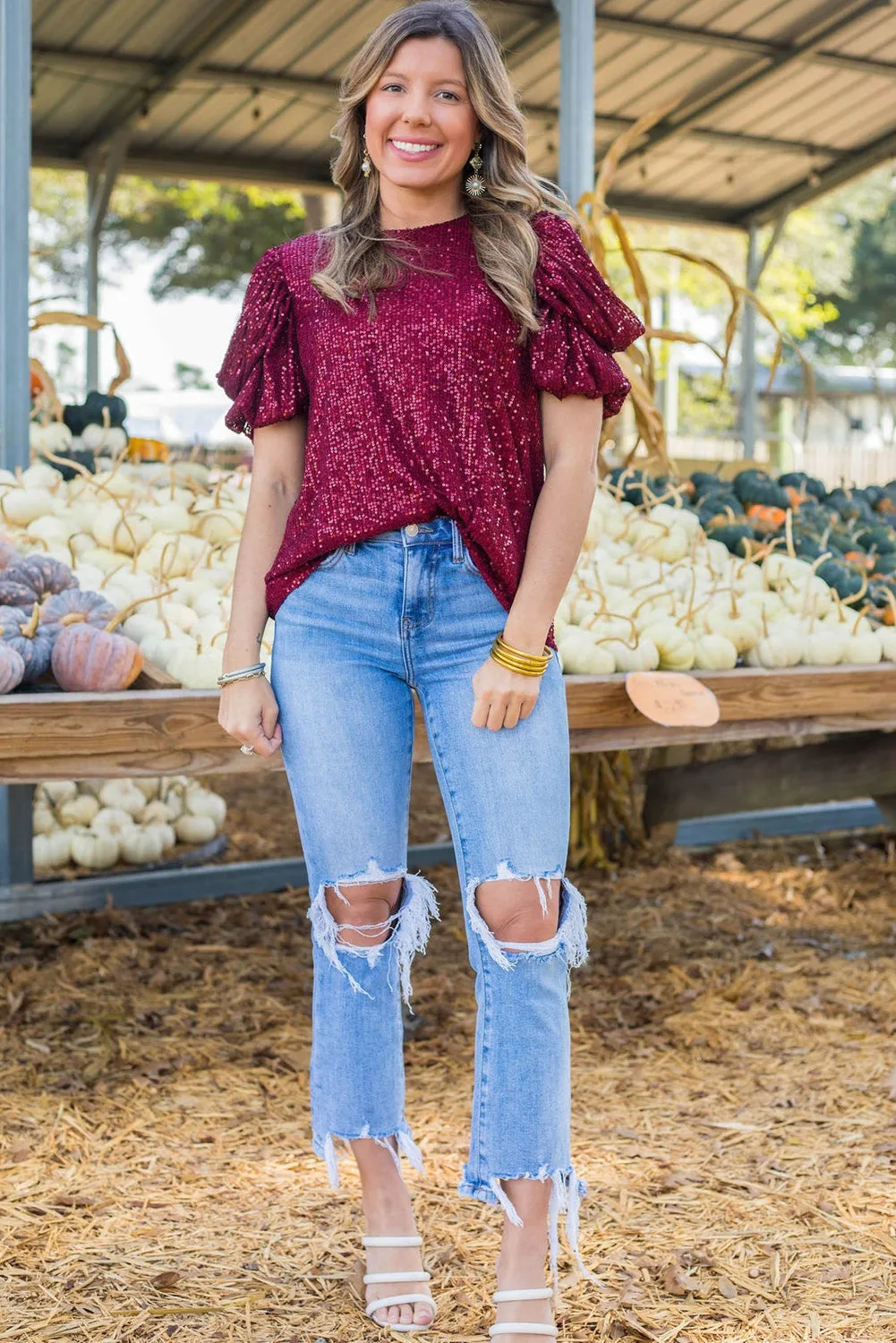 Burgundy Glittering Sequin Bubble Sleeve Blouse