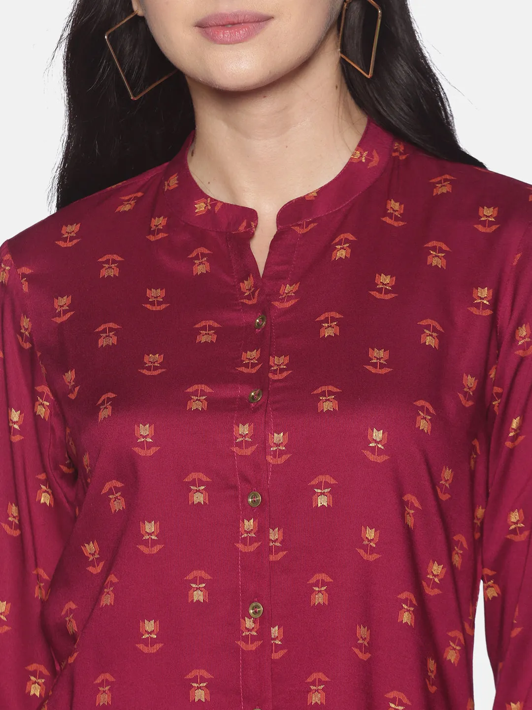 Burgundy Gold Printed Tunic With Mandarin Collar And Gold Metal Buttons
