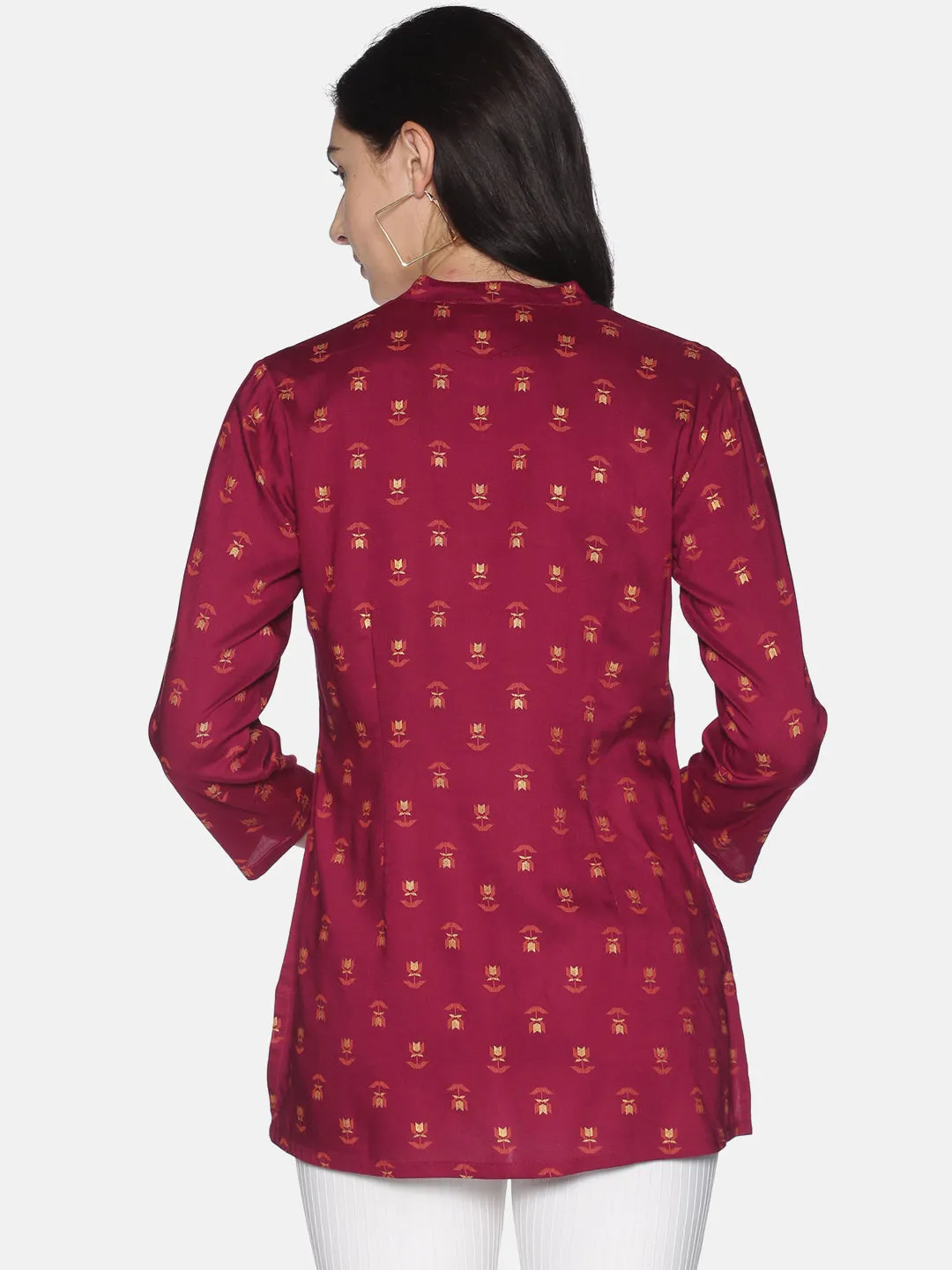 Burgundy Gold Printed Tunic With Mandarin Collar And Gold Metal Buttons