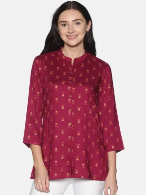 Burgundy Gold Printed Tunic With Mandarin Collar And Gold Metal Buttons