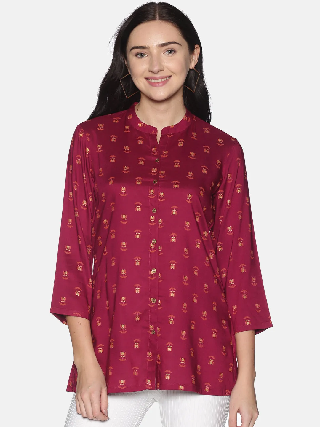 Burgundy Gold Printed Tunic With Mandarin Collar And Gold Metal Buttons
