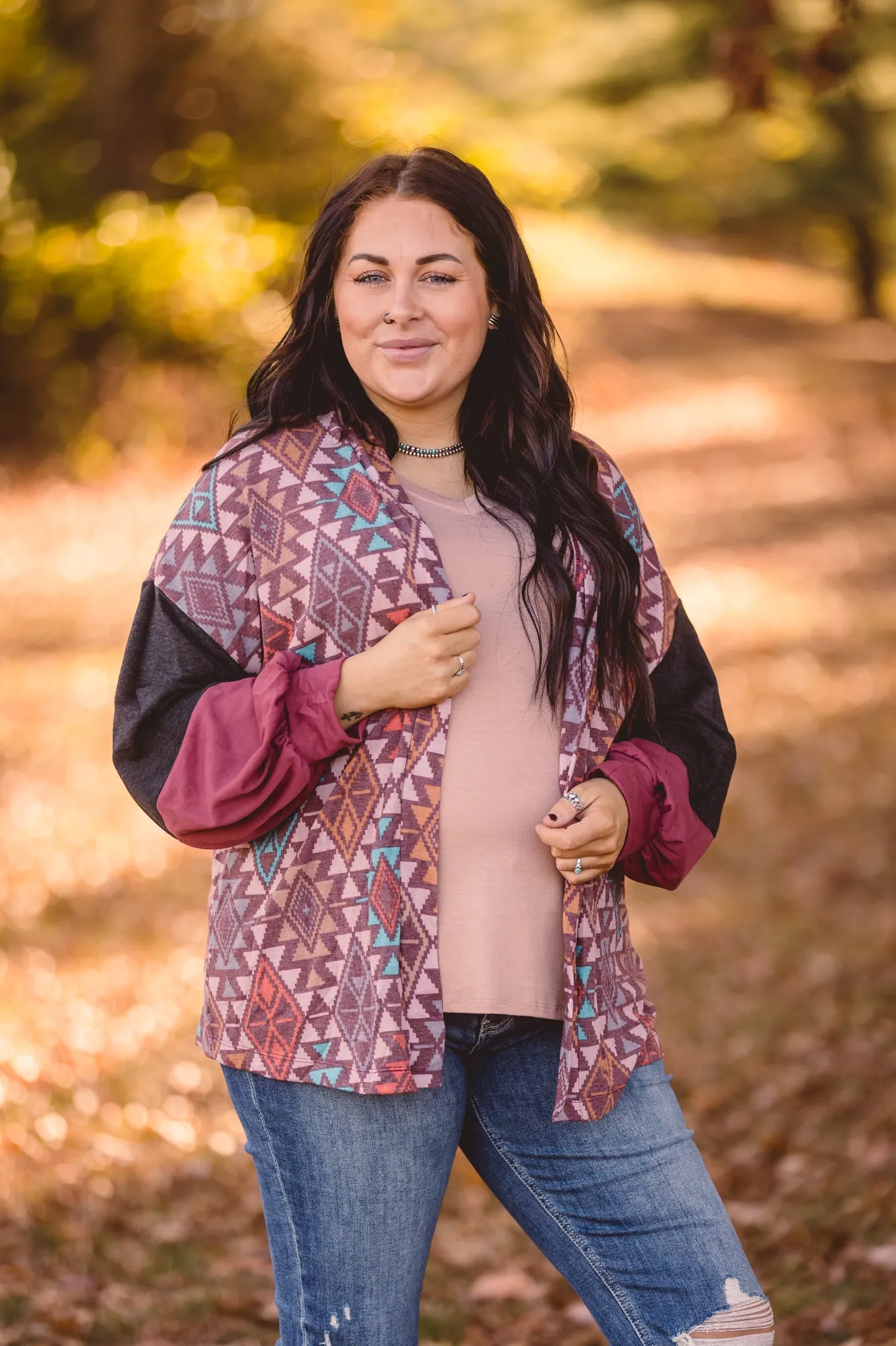 Burgundy   Teal Charcoal Mix Aztec Cardigan